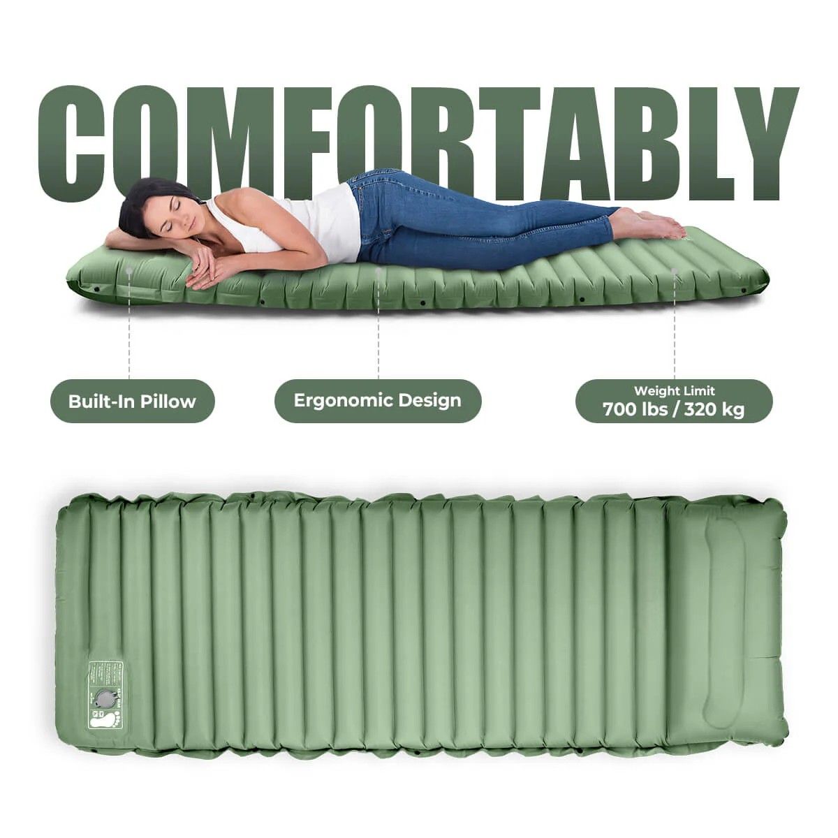 Camping Sleeping Pad - Built-in Pillow
